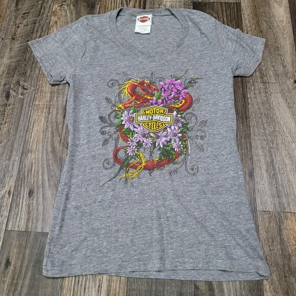 Harley-Davidson Tops - Women's Harley-Davidson Gray Tee Shirt Size Small Dragons Passion Flowers